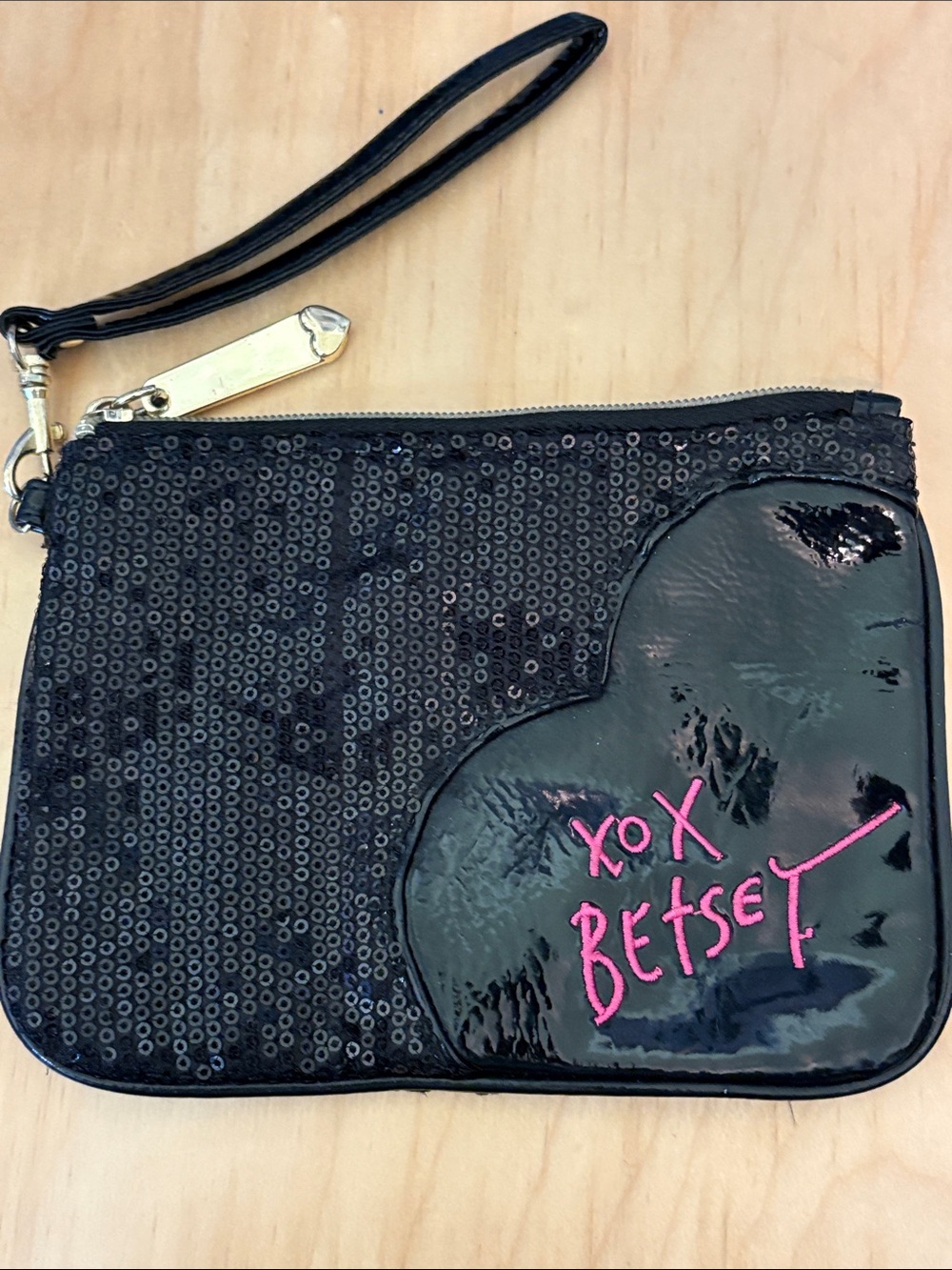 Betsey Johnson Black Sequin Wristlet with Pink Embroidered Logo